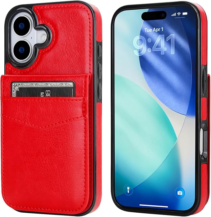KIHUWEY Compatible with iPhone 17 Case Wallet with Credit Card Holder, Flip Premium Leather Magnetic Clasp Kickstand Heavy Duty Protective Cover for iPhone 17 6.3 Inch (Red)