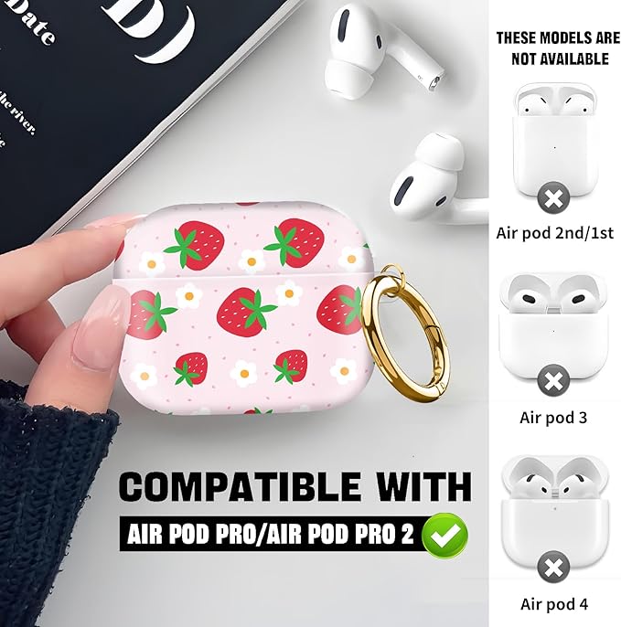 Compatible with AirPod Pro 2nd//1st Generation Case Cover with Key Chain,Full Protective Shockproof Wireless Headphone Case for Airpod Pro 2023/2022/2019（Beautiful Strawberries）