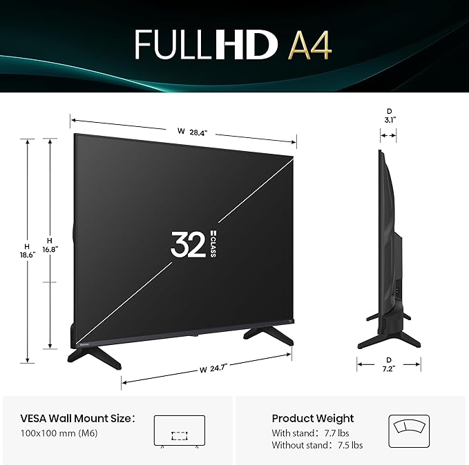 Hisense 32-Inch Class A4 Series FHD 1080p Smart Fire TV (32A4NF, 2025 Model) - DTS Virtual: X, Slim Bezel Design, Alexa Built in
