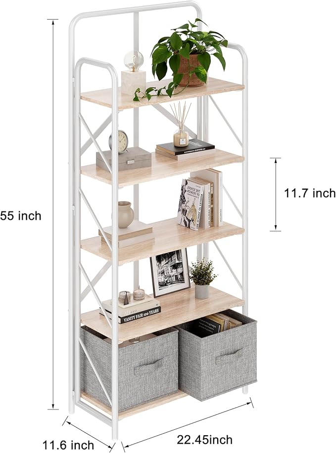JSB 5 Tier No Assembly Folding Bookshelf, Foldable Storage Bookcase for Home Office, Space-Saving Storage Shelf for Living Room, Bedroom (White, 5-Tier)