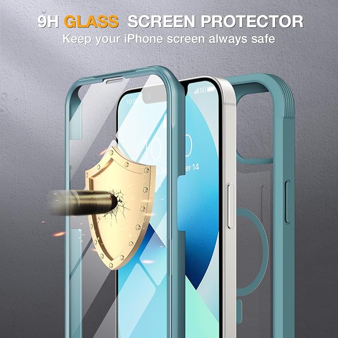 Miracase Compatible with iPhone 13 case 6.1 inch, 2021 Upgrade Full-Body Glass Clear Case Bumper Case with Built-in 9H Tempered Glass Screen Protector for iPhone 13,Teal