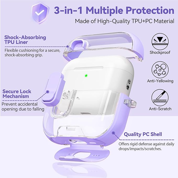 for Airpods Pro 3 Case 2025, Anti-Yellowing Clear Case for Airpods Pro 3 with Secure Lock & Phone Stand, Soft TPU Drop Protection Cover with Cleaning Kit (Purple)