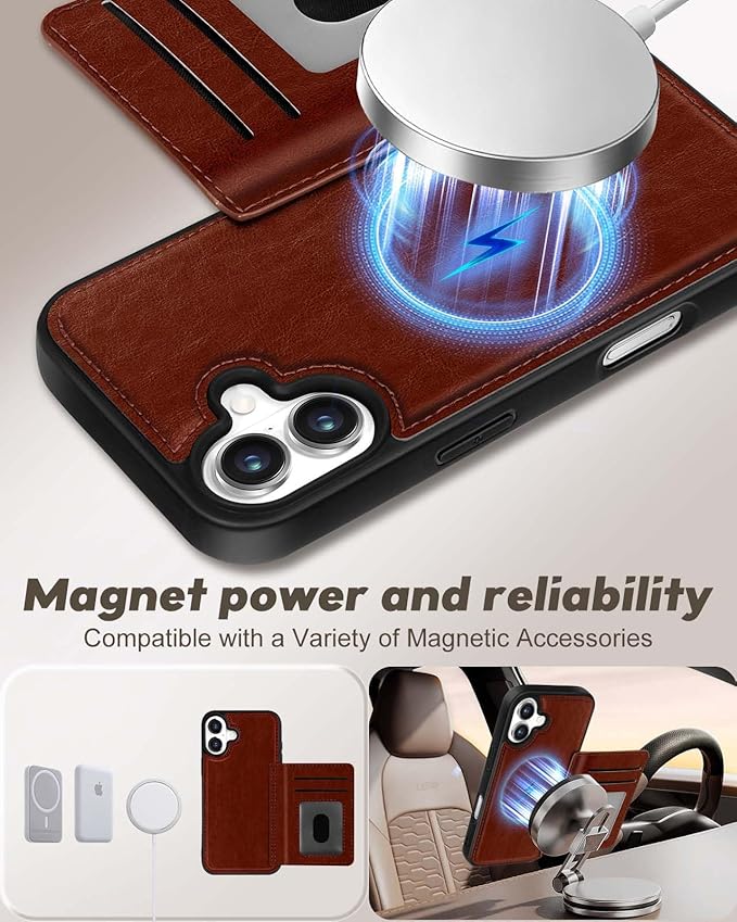 for iPhone 16 Plus Case with Wallet - Fits 4 Card Slots, Compatible with MagSafe for Women Men Aesthetic Durable PU Leather Credit Card Holder Kickstand Phone Cover for Apple 16 Plus, Brown