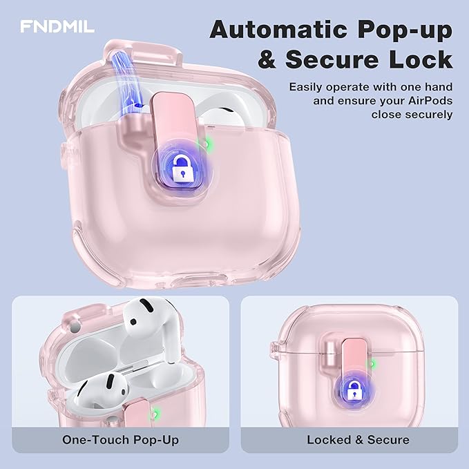 Clear Case for AirPods 4 Case Cover with [Lock Safety & Pop Up][Military Shockproof] Anti-Yellow Transparent Soft TPU Wireless Charging for AirPods 4th Generation Case with Keychain,Clear Pink