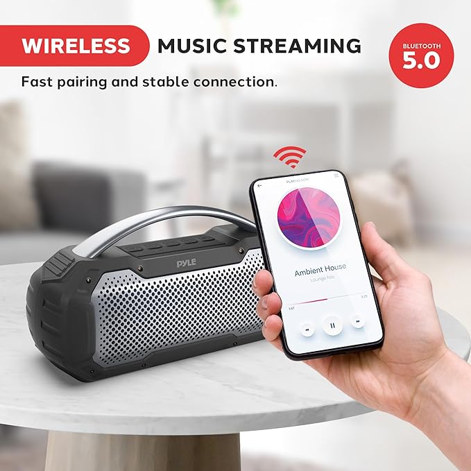 Pyle Portable Wireless Bluetooth Loud Streaming Speaker w/Deep Bass Hands-Free Microphone w/TWS Stereo Sound Function - IPX6 Waterproof Outdoor Speaker, 8H Playtime, AUX, BT Range 32+ ft - PCMPSB1BK
