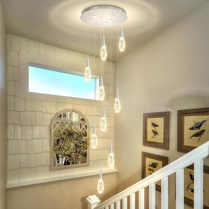 H98 Modern Chandelier for Stairway 9-Lights Crystal Raindrop Chandelier Chrome Pendant Light for Staircase Living Room Entryway LED Dimmable High Ceiling Chandeliers with Remote