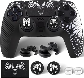 Silicone Skin Cover Sticker x 1 & Extender Grips x 2 for PS5 Controller Venom Theme