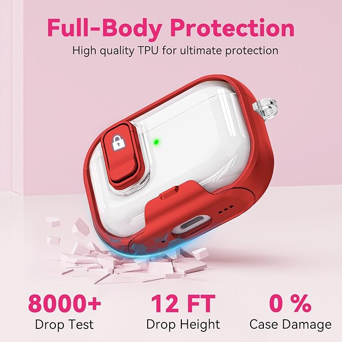 for Airpods Pro 3 Case 2025, Anti-Yellowing Clear Case for Airpods Pro 3 with Secure Lock & Phone Stand, Soft TPU Drop Protection Cover with Cleaning Kit (Red)