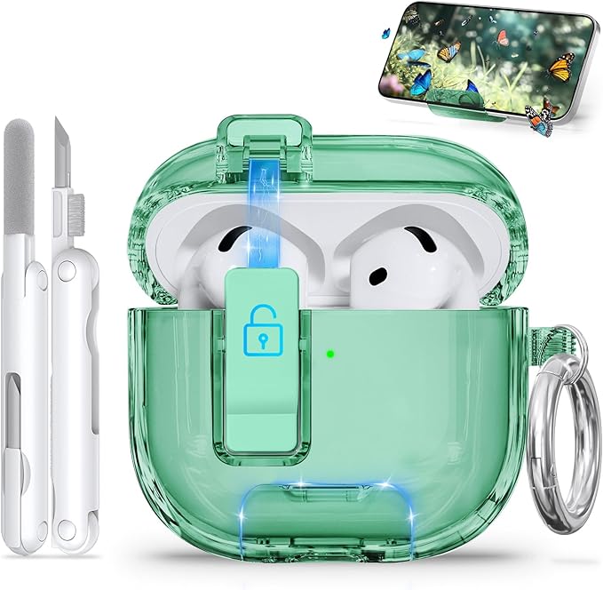 for AirPods 4 Case with Phone Stand & Safety Lock, Auto-Open Clear AirPod Case Compatible with Apple AirPods 4th Gen 2024, Anti-Scratch & Shockproof Protective Cover with Cleaning Kit & Keychain