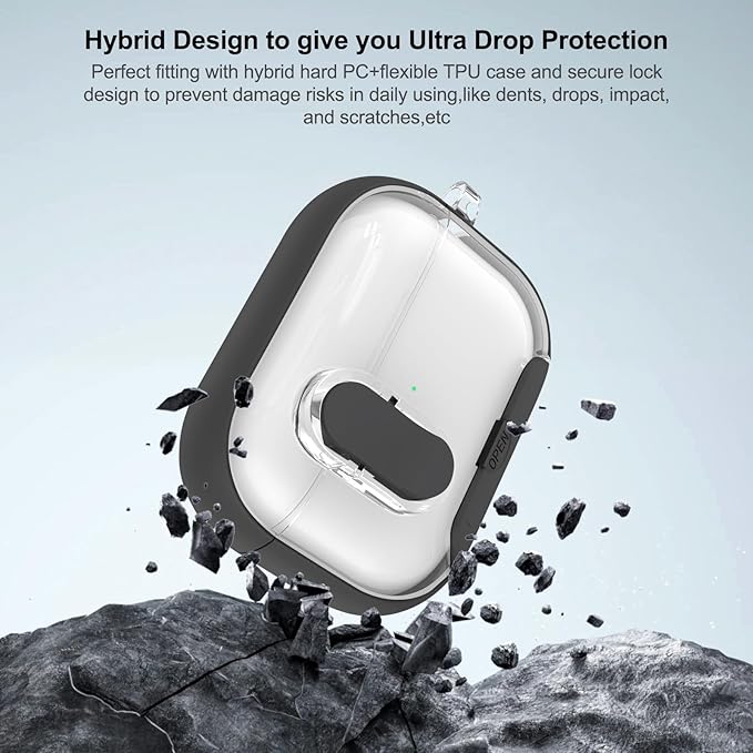 for Airpods Pro 3 Case Clear,Secure Lock for Airpods pro 3rd Generation Case Cover with Phone Stand and Magsafe Function,Auto Pop-up,Hybrid Protection Design with Carabiner&Cleaning Pen-Black