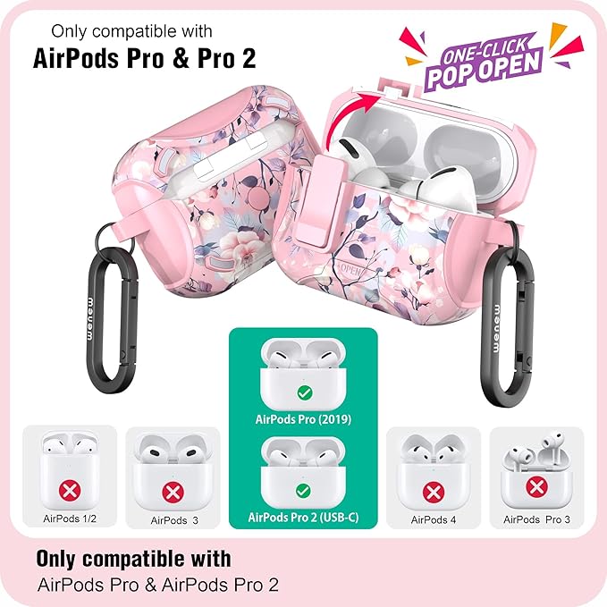 wenew Compatible with AirPods Pro 2nd/1st Generation Case Cover with Phone Stand, Cleaner, Clip, Compatible with Magsafe, One-Click Pop Open Lock iPod Pro Charging Case (Pink 2, AirPods Pro & Pro 2)