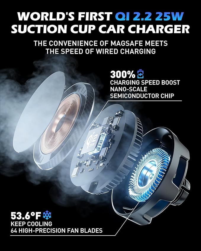 CloudValley 25W Wireless Car Charger Mount with RGB Light, Magnetic Car Phone Holder with Cooling Fan & 45W Adapter, 360° Rotating Vacuum Suction Mount, Design for MagSafe iPhone 17/16/15/14/13