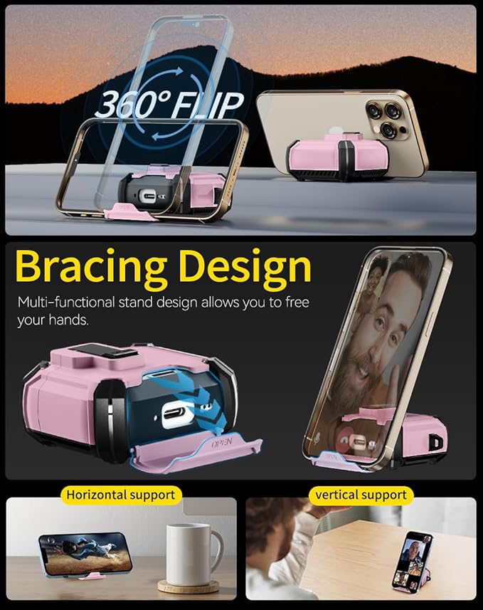 Compatible with AirPods 4 Case,Magnetic Automatic Lock with Phone Stand & Cleaning Kit,Compatible with Magsafe Cover -Pink