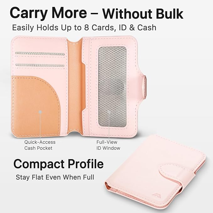 for MagSafe Wallet, Magnetic Phone Wallet RFID Blocking, Slim 5-8 Card Holder with Cash Slot & Clear ID Window, Minimalist Mag Safe Wallets for iPhone 17/16/15/14/13/12 Series, Blush Pink