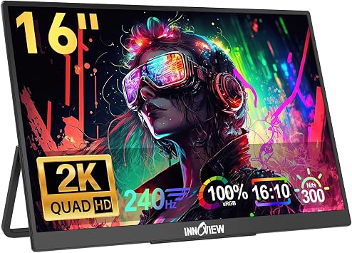 InnoView 16" 240Hz Portable Monitor 2K 2560x1600 100% sRGB Portable Gaming Monitor Laptop Monitors Built-in Speakers 180° Adjustable Type-C HDMI Laptop Screen Extender for Surface Pro PS5 Switch Xbox