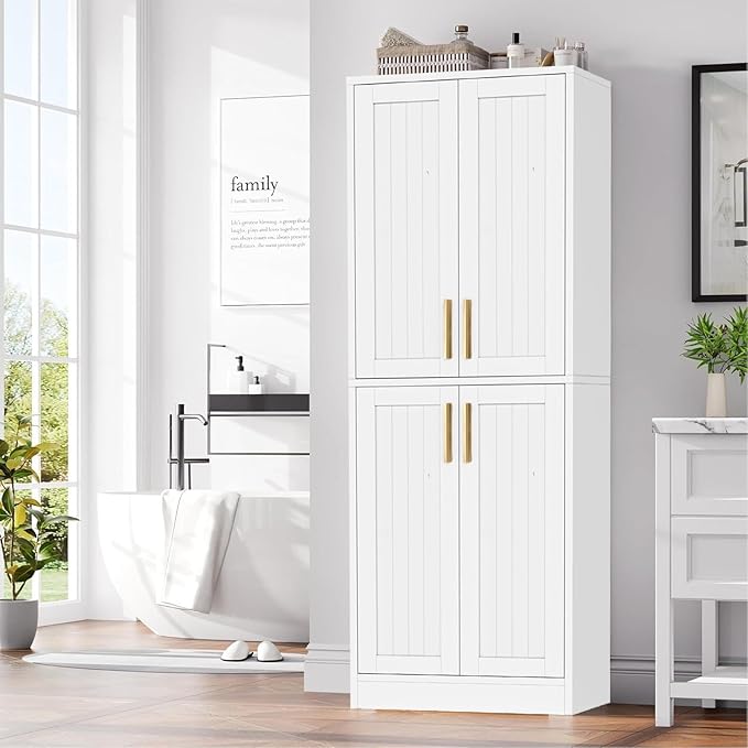 Kitchen Pantry Cabinet, Tall Storage Cabinet with Adjustable Shelves and 4 Doors, Farmhouse Freestanding Cupboard Hutch for Dining Room Living Room, Laundry, White