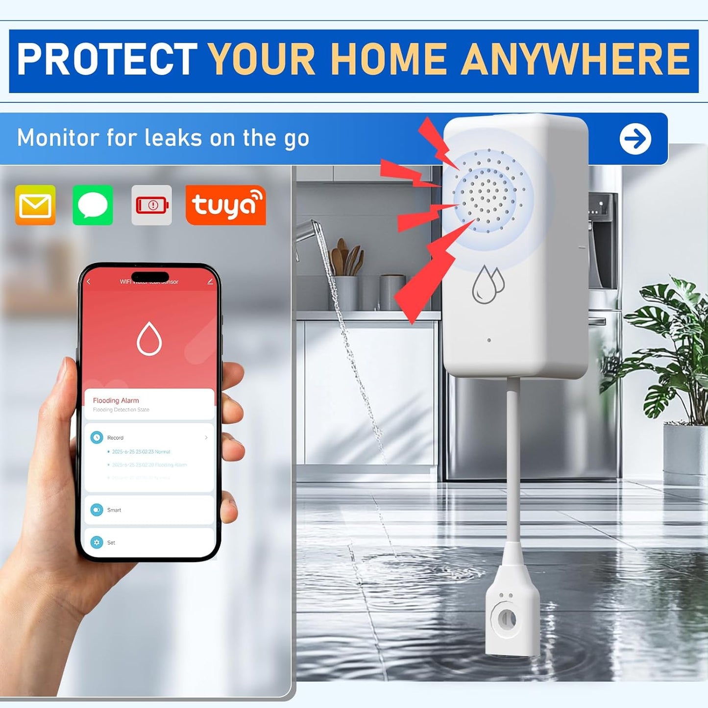 WiFi Water Leak Detector with Cable – 85dB Alarm, App & SMS Alert, IP65 Waterproof, No Hub Required