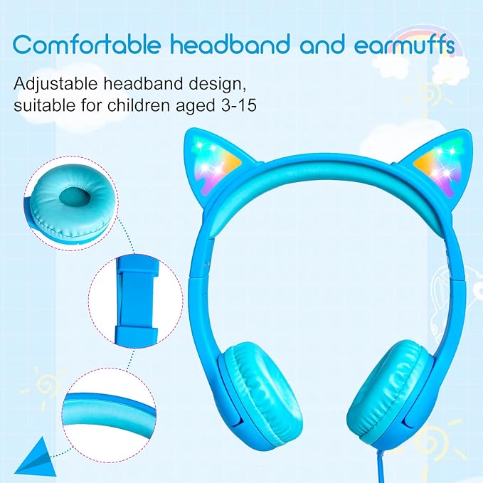 Olyre Kids Headphones with Sharing Port and Microphone, Girls Boys Headphone LED Cat Ears 85dB Volume Limited for Children/Toddler Wired On Ear for Tablets/E-Readers/Online/School/Travel - Blue