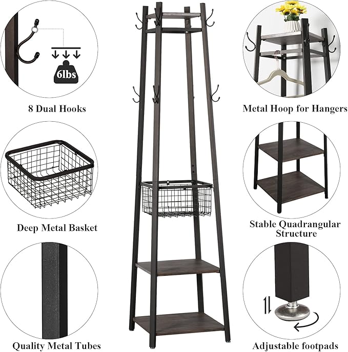 VECELO Coat Rack Freestanding,Hall Tree with Metal Basket and Storage Shelves,Industrial Coat Rack Stand with 8 Hooks for Hanging Coats/Hats/Bags/Umbrellas,18 x 18 x 72 In,Walnut Brown