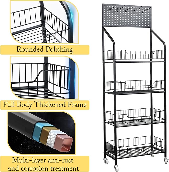 Retail Snack Display Stand, 4-Tier Retail Display Shelves, Candy Display Shelf Cart with Wheels & Hooks, Metal Snack Rack Organizer for Pantry, Kitchen, Supermarket, Store, Home