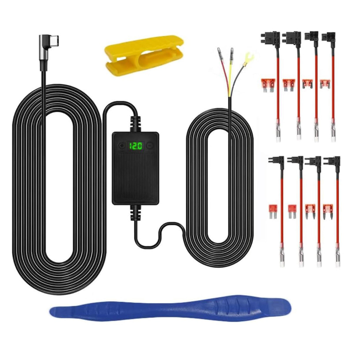 Dash Cam Hardwired Kit, 12V-24V to 5V Adapter Power Cable, 24/7 Parking Mode, with Voltage Display, Acc Detection, 4-Level Low Voltage Protection (11.6V/11.9V/12.2V/12.5V)，for 90% of dashcams