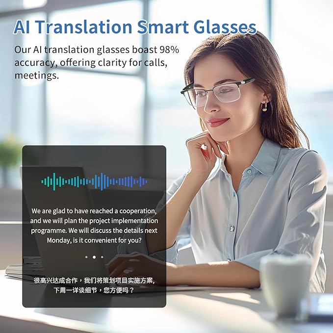 Smart AI Translator Glasses, Blue Light Glasses for Woman Men, Simultaneous Interpretation Eyeglasses for 110+ Languages, Real-Time Translation, Photochromic Lenses, AI Smart Sunglasses for Travel -G