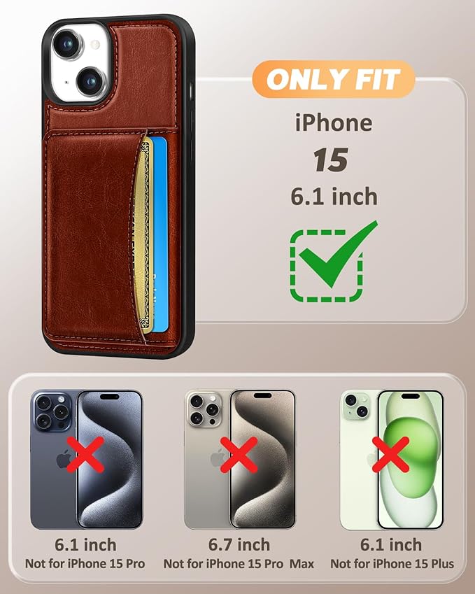 for iPhone 15 Case with Wallet - Fits 4 Card Slots, Compatible with MagSafe for Women Men Durable PU Leather Credit Card Holder Kickstand Phone Cover for Apple 15, Brown
