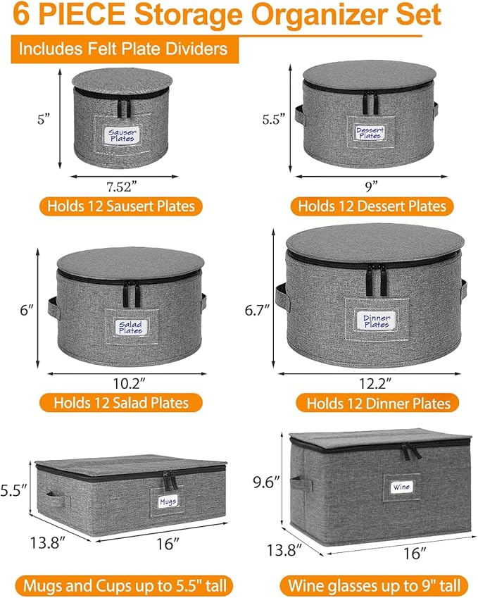 punemi 6-Piece China Storage Containers, Mug & Cup Organizer, Wine Glass Storage Boxes with Dividers & Carry Handles, Structured Moving Boxes for Dinnerware, Glassware, and Stemware,Grey