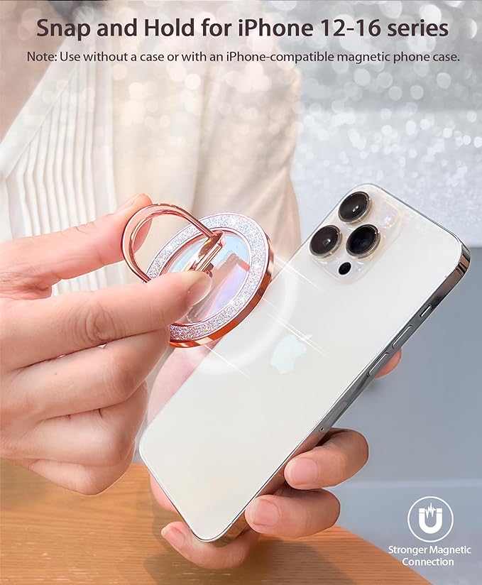 Magnetic Phone Grip | Phone Ring Holder | Stylish Twinkle Transparent with Phone Ring Holder for iPhone, Mag Safe Phone Ring Grip for iPhone & Android, Rosegold