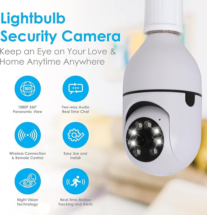 Secure Lite Cam Light Bulb Security Camera Outdoor/Indoor | Office, Garage, Home Security Wireless Camera 2.4GHz | 360° Panoramic View, Day and Night, Notifications, Two-Way Audio, Motion Tracking…