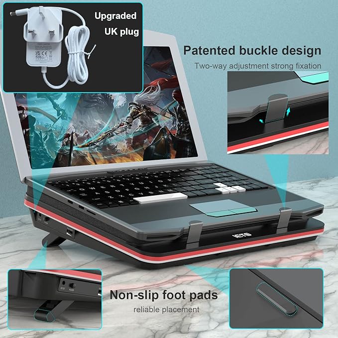 GT500 Powerful Turbo-Fan (4200 RPM) Laptop Cooling Pad with Infinitely Variable Speed,Seal Foam for Rapid Cooling Gaming Laptop,Dust Filter for Protect Laptop,13-17.3inch Laptop Cooler