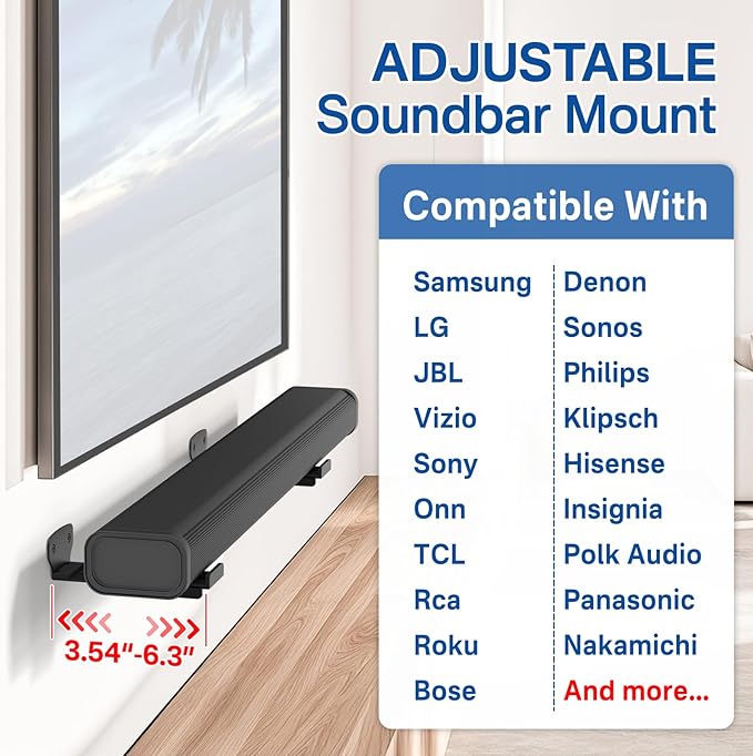 2-Pack Adjustable Soundbar Wall Mounts, Fit for Samsung, Bose, Vizio, LG Depth of 3.5"–6.3" Soundbars, Heavy-Duty Steel Holds up to 38 Lbs, With Anti-Slip Guardrail, Hardware Included Easy to Install