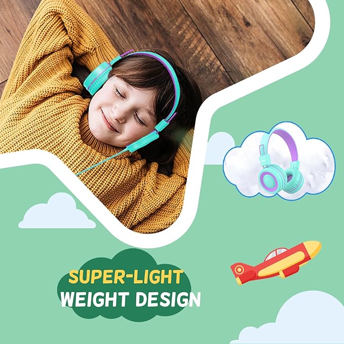 USB Type C Kids Headphones for School, Wired Toddler Headphones, 94dB Volume Limited, HD Stereo Sound, Foldable Lightweight On-Ear Wired Headphones for Kids/Children/Teens/Boys (Purple Green)
