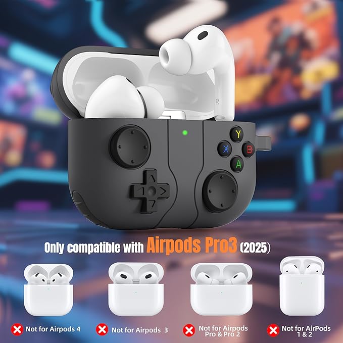 Getino Game Case for AirPods Pro 3 Case 2025, Shockproof Silicone Cover for Apple AirPods Pro 3 – with Cleaner Kit & Keychain, Classic Cool Funny Durable Protective Case for Men Boy–Black