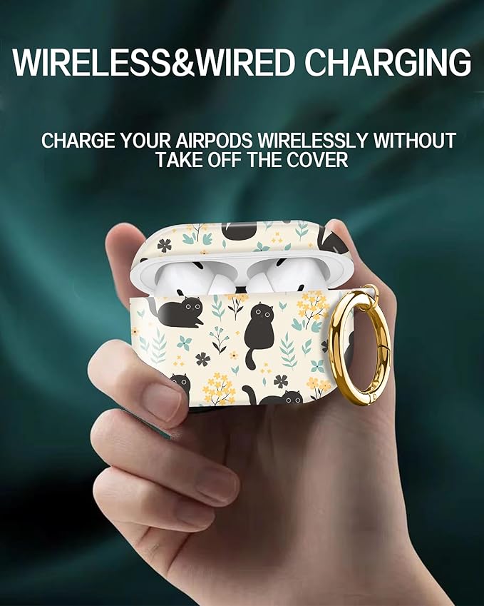Compatible with Airpod pro 2nd/1st Generation Case Cover with Gold Round Keychain Cute Pattern Hard & Anti Slip Cover for Men Women & Girls(Cute Cat)