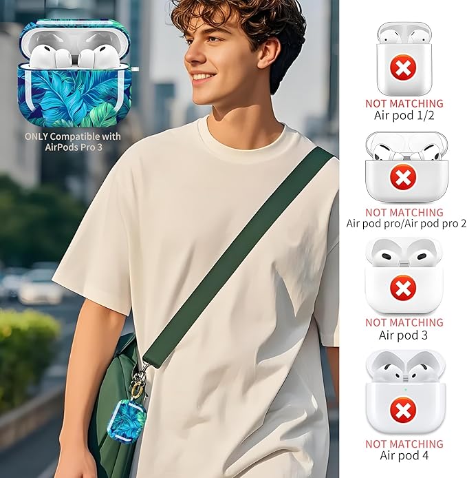 Compatible with AirPods Pro 3 Case 2025 for Women Girls – Cute Shockproof Protective Cover with Gold Round Buckle, Anti-Drop Soft Case for AirPod Pro 3rd Gen (Green Leaves)