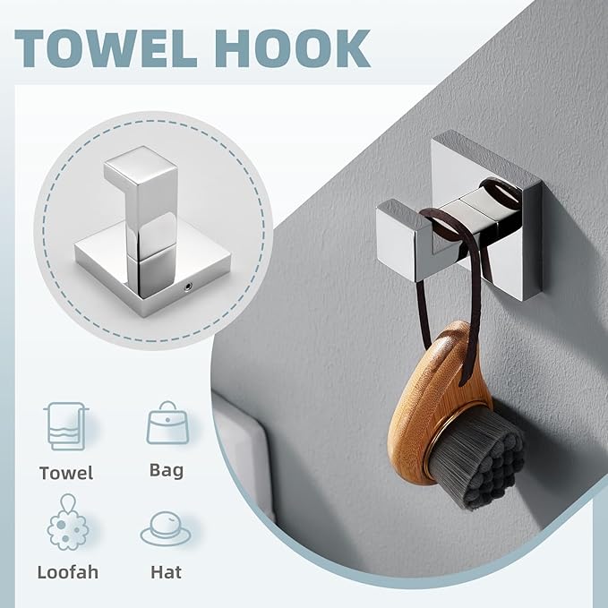 Bathroom Hardware Set 4-Piece, Angle Simple SUS304 Stainless Steel Bath Accessory Kit, Bathroom Fixture Set with Robe Hook, Toilet Paper Holder, Towel Holder and Towel Bar Polished Chrome