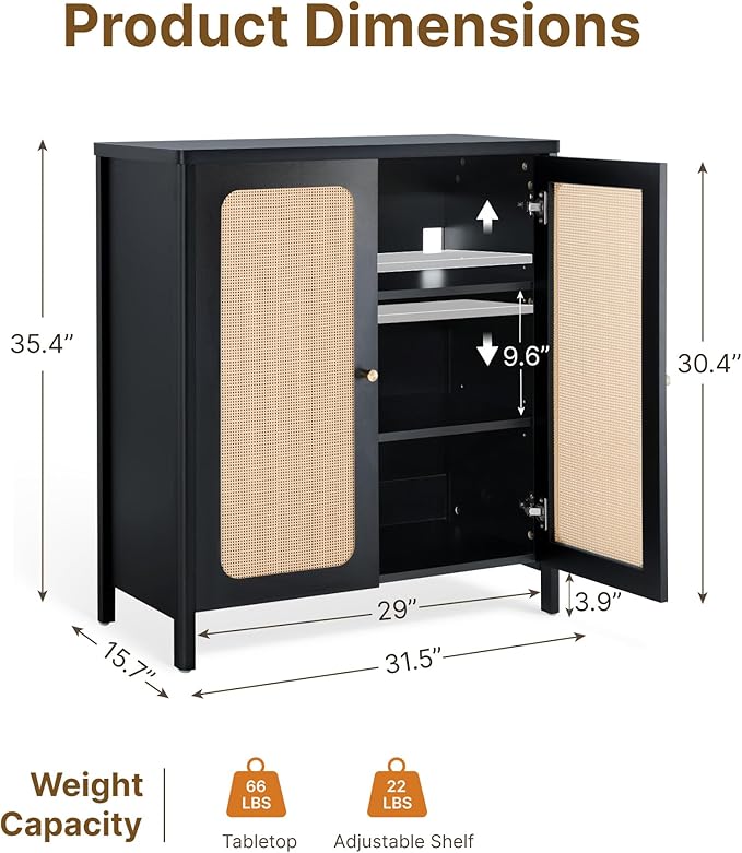 2 PCS Rattan Sideboard Buffet Cabinet 2 Door Boho Kitchen Storage Cabinet Accent Console for Living Room, Hallway, Kitchen, Sideboard, Buffet Table Black