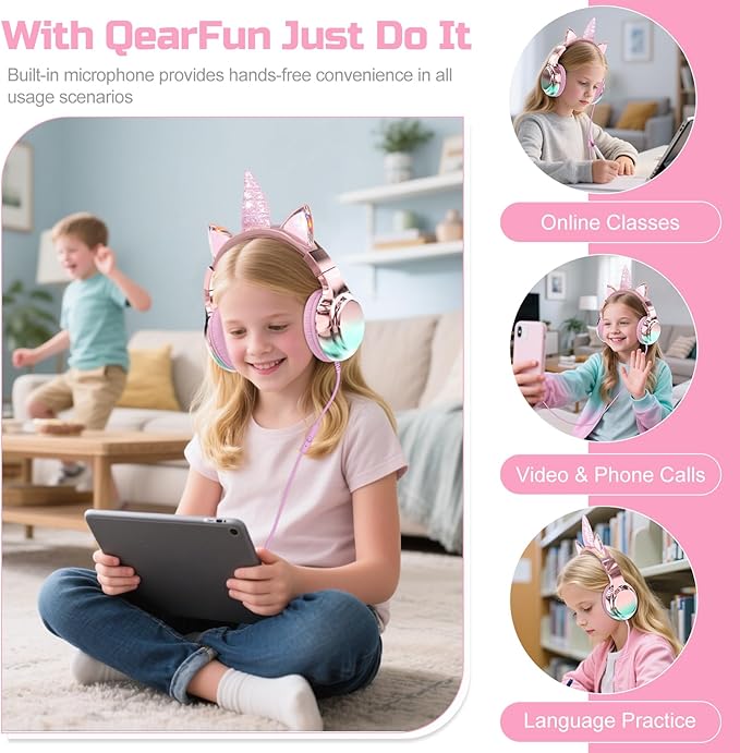 QearFun Kids Unicorn Headphones Wired with Mic, 85/94dB Safe Volume Limit, Sparkly Wired Headset, Foldable, Sharing Port & Tangle-Free Cord for School, Chromebook, Tablet, Travel, Boys & Girls