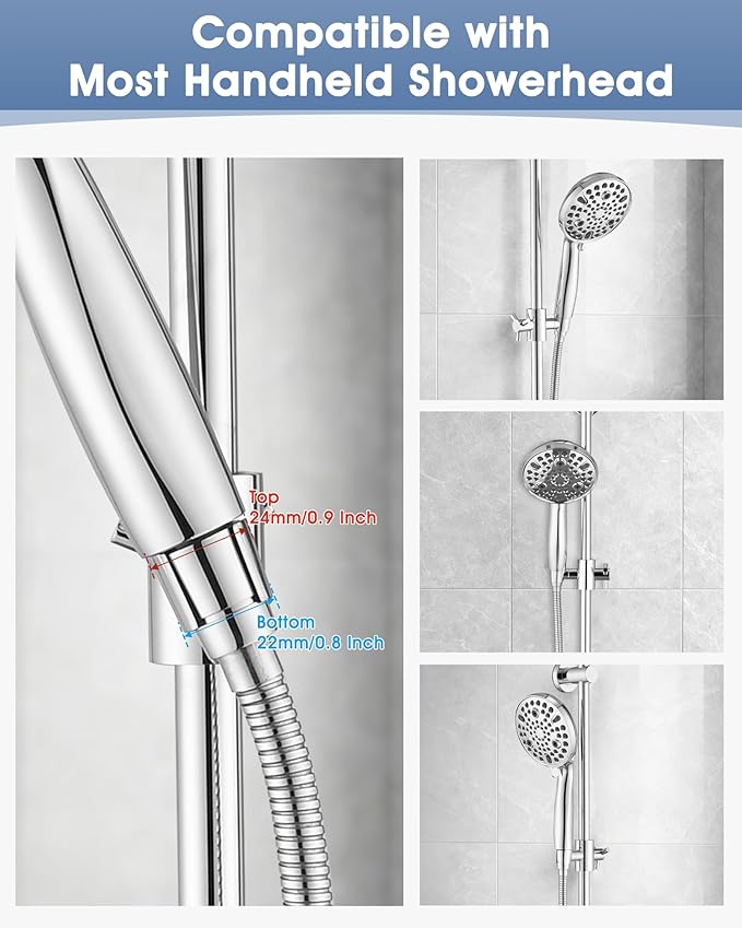 Shower Slide Bar with Adjustable Handheld Shower Head Holder, 25 Inch SUS304 Stainless Steel Shower Rail, Replacement for RV, Camper, Hotel & Bathroom, Polished Chrome