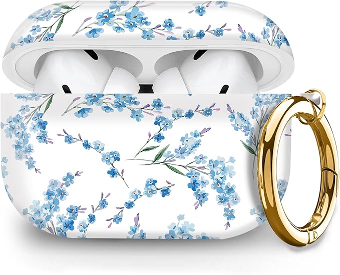 Cute Hard Case Compatible with AirPods Pro 2nd/1st Generation, Protective Cover with Golden Keychain, Fits 2023/2022/2019 Models, for Women, Girls, and Men(Blue Flower