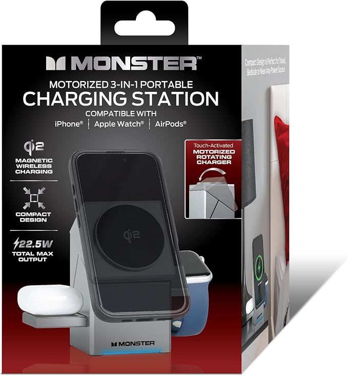 Monster 3-in-1 Wireless Charging Station, Magnetic Portable Charger for iPhone, Apple Watch & AirPods, Motorized Rotating Qi2 Charging Stand with 30W Adapter