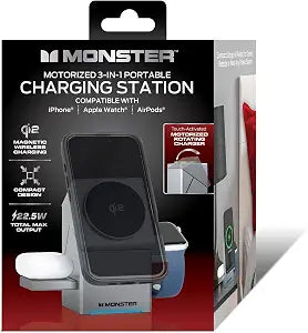 Monster 3-in-1 Wireless Charging Station, Magnetic Portable Charger for iPhone, Apple Watch & AirPods, Motorized Rotating Qi2 Charging Stand with 30W Adapter