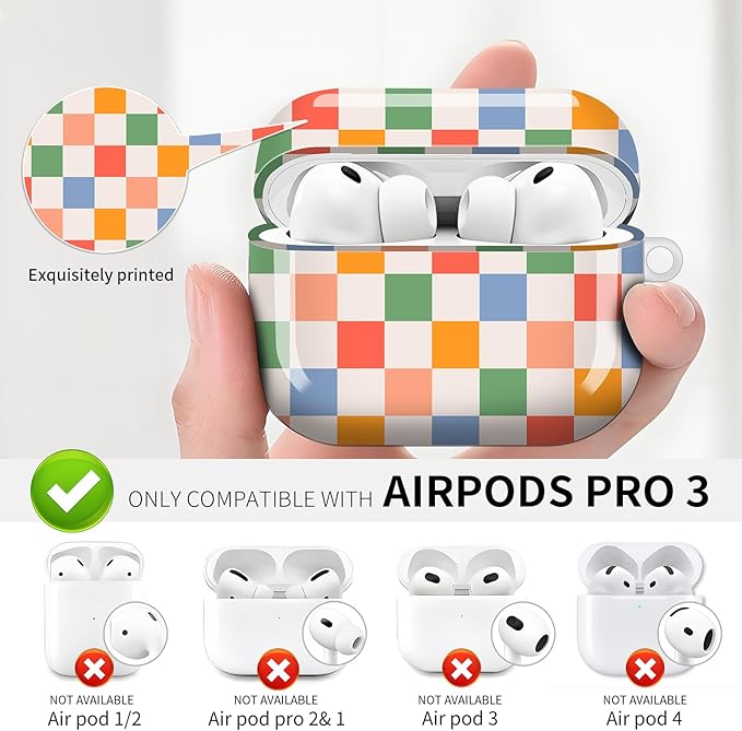 Compatible with AirPod Pro 3 (2025),Cute Case Cover for Women & Men, Full Protection Shockproof Hard Case with Keychain, Wireless Charging Case Accessories(Colorful Plaid)