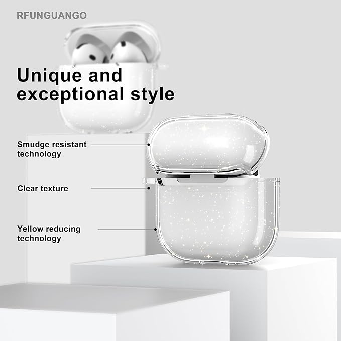 RFUNGUANGO AirPods 4 Case Clear, Soft TPU Transparent with Cleaning Kit & Keychain, Compatible with Magsafe, Compatible Apple AirPods 4 (2025) Generation Protective Case, Glitter White