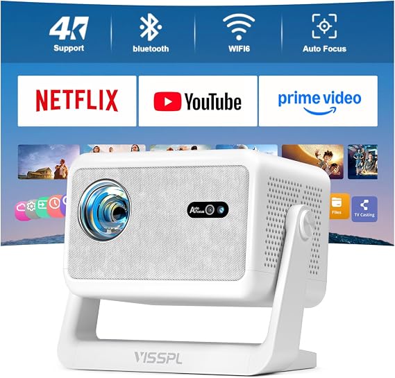 [4000ANSI & Now with Netflix] 4K Smart Projector with WiFi and Bluetooth, Auto Focus & Keystone Mini Projector with Stand, Outdoor Home Theater Small Proyector for bedroom(white)