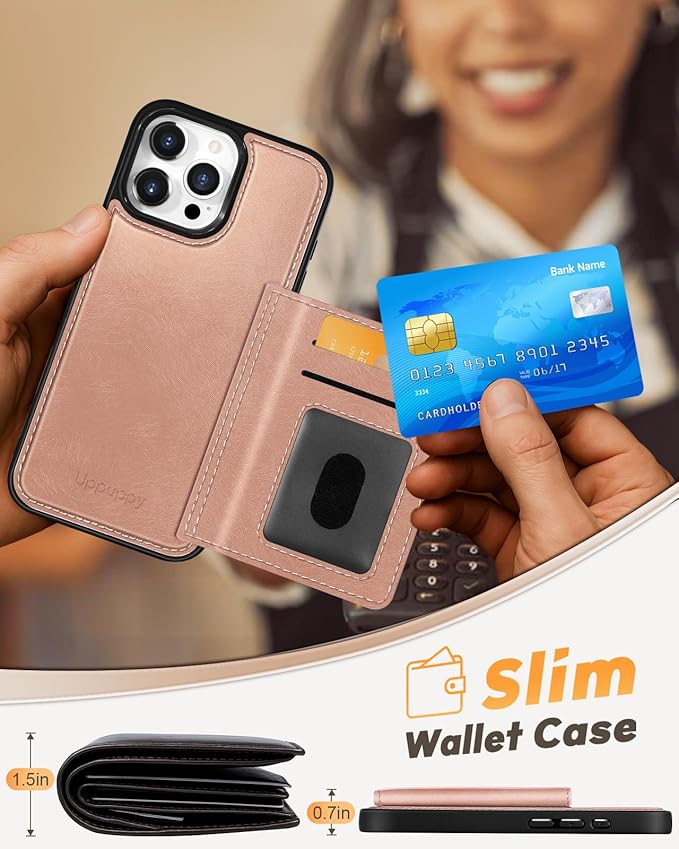 for iPhone 16 Pro Case with Wallet - Fits 4 Card Slots, Compatible with MagSafe for Women Aesthetic Durable PU Leather Credit Card Holder Kickstand Phone Cover for Apple 16 Pro, Rose Gold