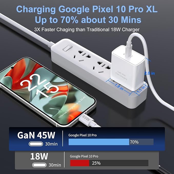 45W USB C Fast GaN Charger for Google Pixel 10 Pro Fold/9 Pro XL/8 Pro/8/8a/7 Pro/7a/6/5/4 XL, Aymla 45 Watt Type C Adapter PD 3.0/PPS Wall Plug Charging Rapidly Block with 6.6 FT C to C Cable（White）