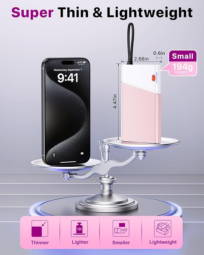 Portable Charger Power Bank, 10000mAh 22.5W PD Fast Charging Powerbank with Built-in USB C Cable, Slim External Phone Battery Pack for iPhone 17/16/15 Samsung S24 Android etc (Pink)
