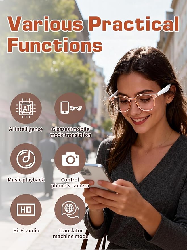 Smart Glasses for Women, Bluetooth Glasses with AI Translation & Color-Changing Blue Light Blocking Lenses, Touch Control Voice Assistant for Business, Travel, Meetings